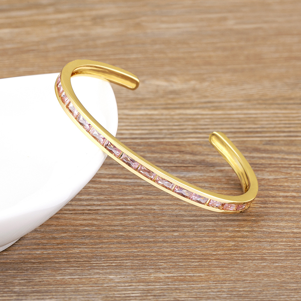 C Shape Copper Bangle With Rhinestones Inlay, 18K Real Gold Plated And Electroplated Finish 4