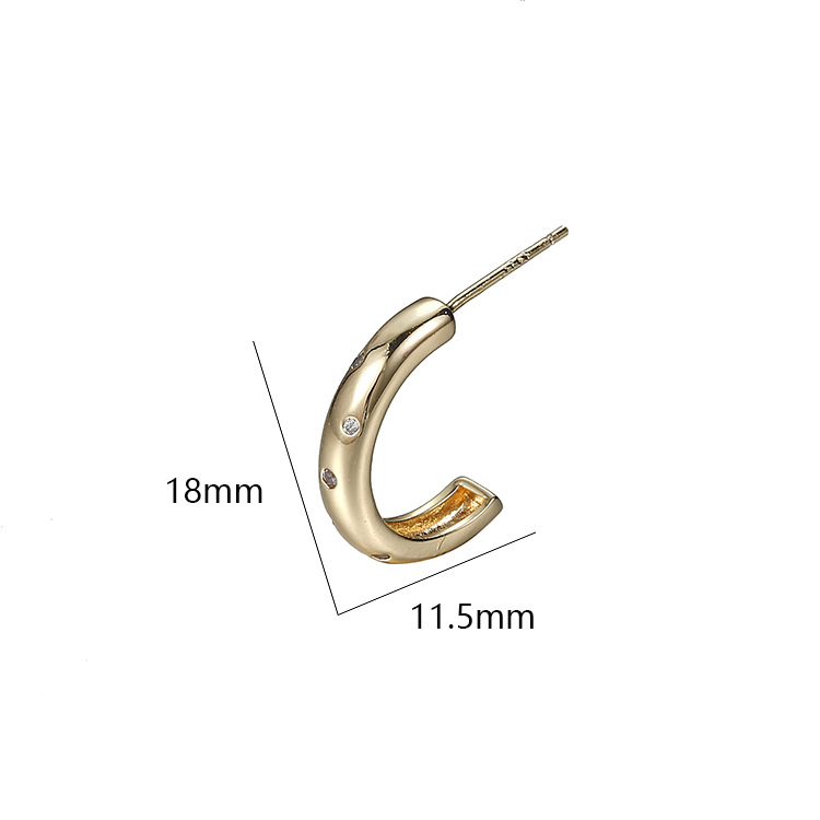 C Shape Stud Earrings With Bezel Setting, 14K Real Gold Plated Copper Featuring Zircon And 925 Sterling Silver Ear Pins
