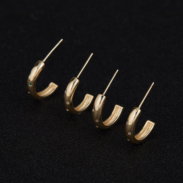 C Shape Stud Earrings With Bezel Setting, 14K Real Gold Plated Copper Featuring Zircon And 925 Sterling Silver Ear Pins 2