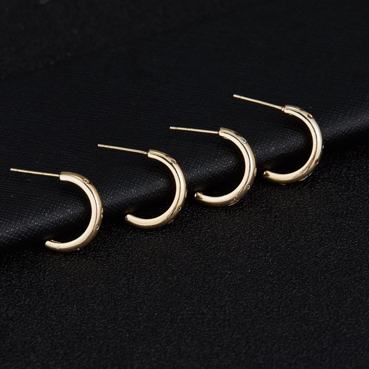 C Shape Stud Earrings With Bezel Setting, 14K Real Gold Plated Copper Featuring Zircon And 925 Sterling Silver Ear Pins 3