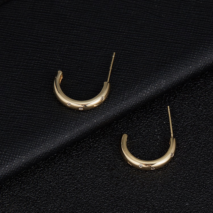 C Shape Stud Earrings With Bezel Setting, 14K Real Gold Plated Copper Featuring Zircon And 925 Sterling Silver Ear Pins 4
