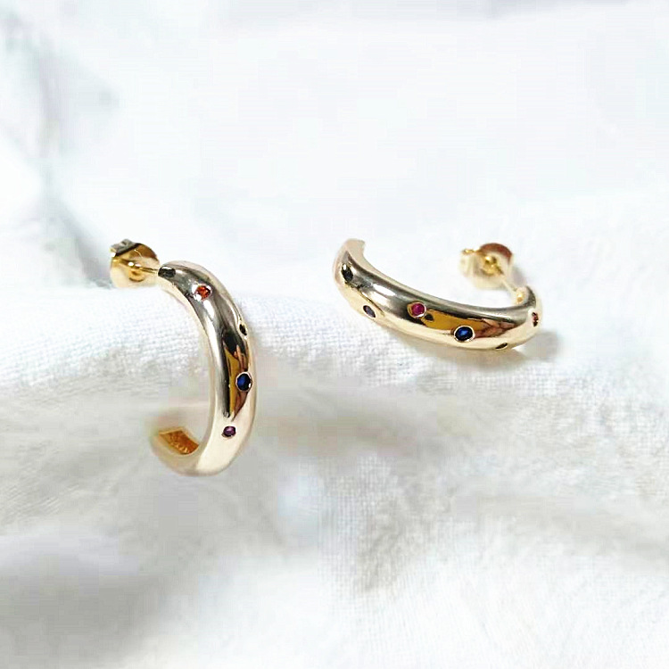 C Shape Stud Earrings With Bezel Setting, 14K Real Gold Plated Copper Featuring Zircon And 925 Sterling Silver Ear Pins 5