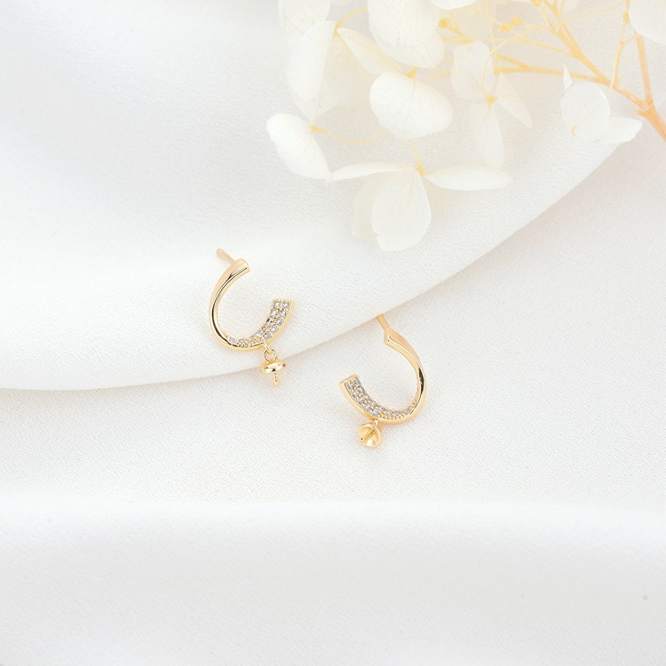 C Shape Stud Earrings In Copper With 14K Real Gold Plated And Zircon Inlay, Featuring 925 Sterling Silver Ear Pins In New Style