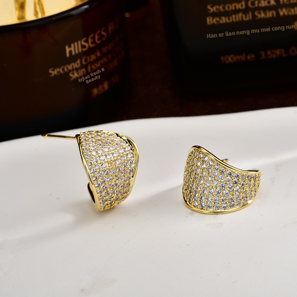 C Shape Stud Earrings For Women With 16K Real Gold Plated Copper And Zircon Inlay In Golden 4