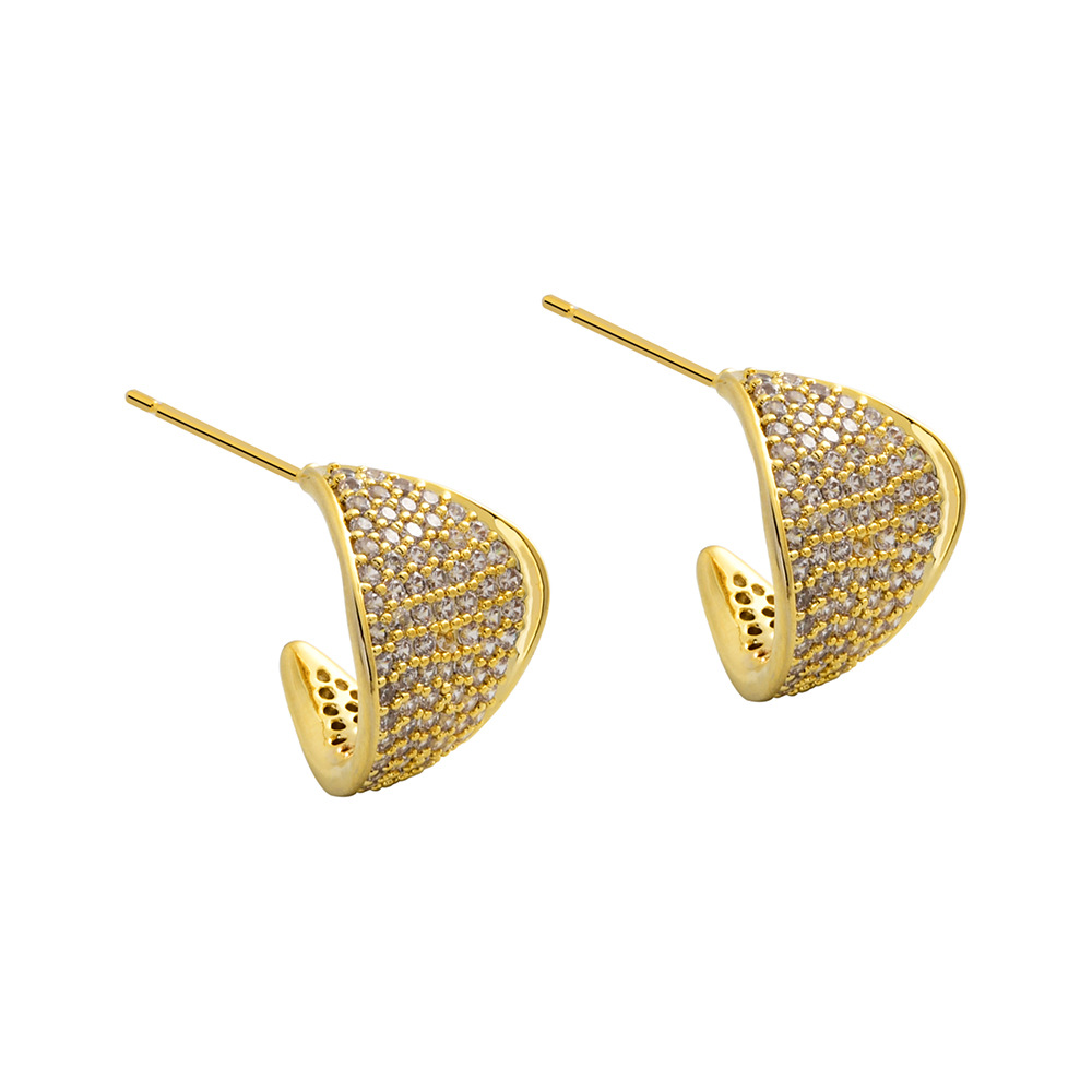 C Shape Stud Earrings For Women With 16K Real Gold Plated Copper And Zircon Inlay In Golden 5