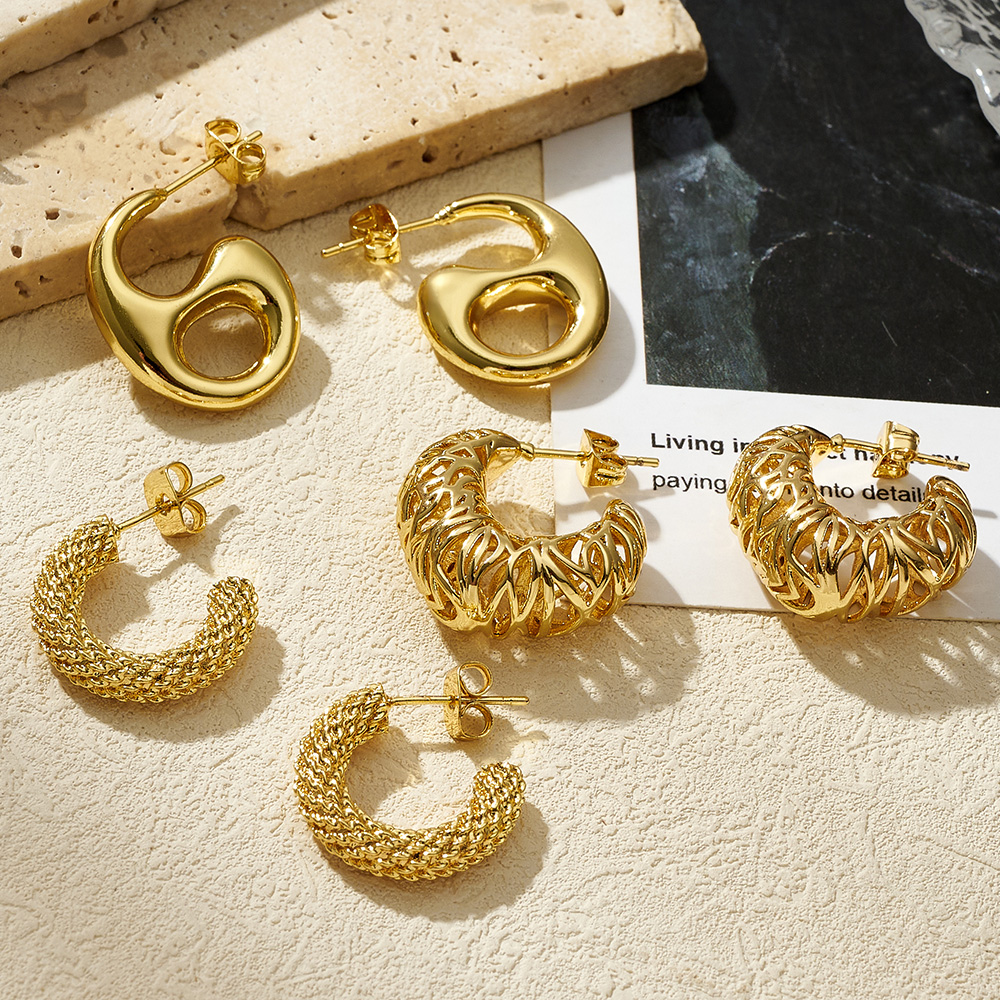 C Shape Stud Earrings For Women Featuring 0.03µm 18K Real Gold Plated Water Plating On Copper Ear Pins 2