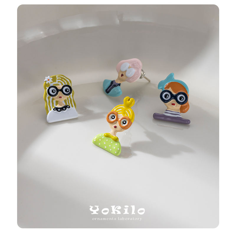 Cartoon Character Enamel Stud Earrings In Copper With 925 Sterling Silver Posts For Women, Novelty Style