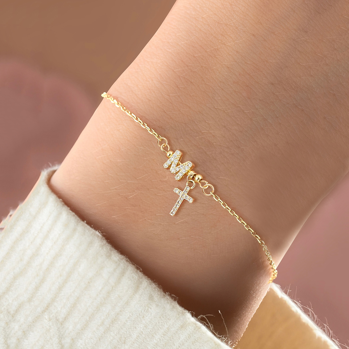 Classic Women's Initial Cross Zirconia Micro-Paved Gold Stainless Steel Bracelet Elegant Simple Style Four Seasons Suitable