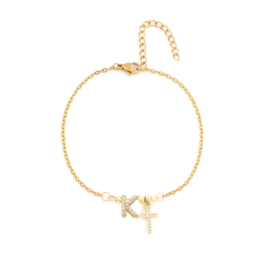 Classic Women's Initial Cross Zirconia Micro-Paved Gold Stainless Steel Bracelet Elegant Simple Style Four Seasons Suitable 3