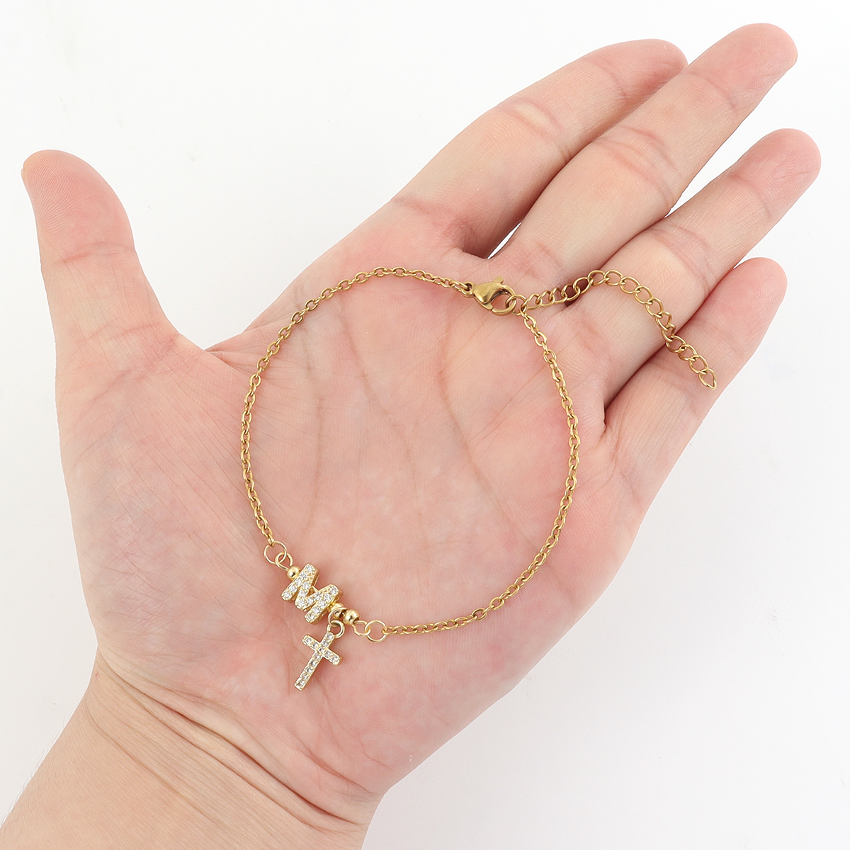 Classic Women's Initial Cross Zirconia Micro-Paved Gold Stainless Steel Bracelet Elegant Simple Style Four Seasons Suitable 4