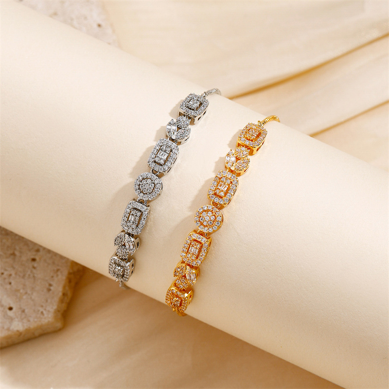 Asymmetrical Geometric Copper Bracelet For Women With 18K Gold Plated Finish And Zircon Inlay