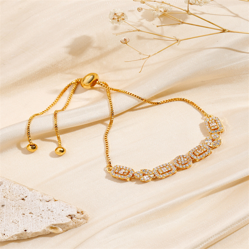 Asymmetrical Geometric Copper Bracelet For Women With 18K Gold Plated Finish And Zircon Inlay 3