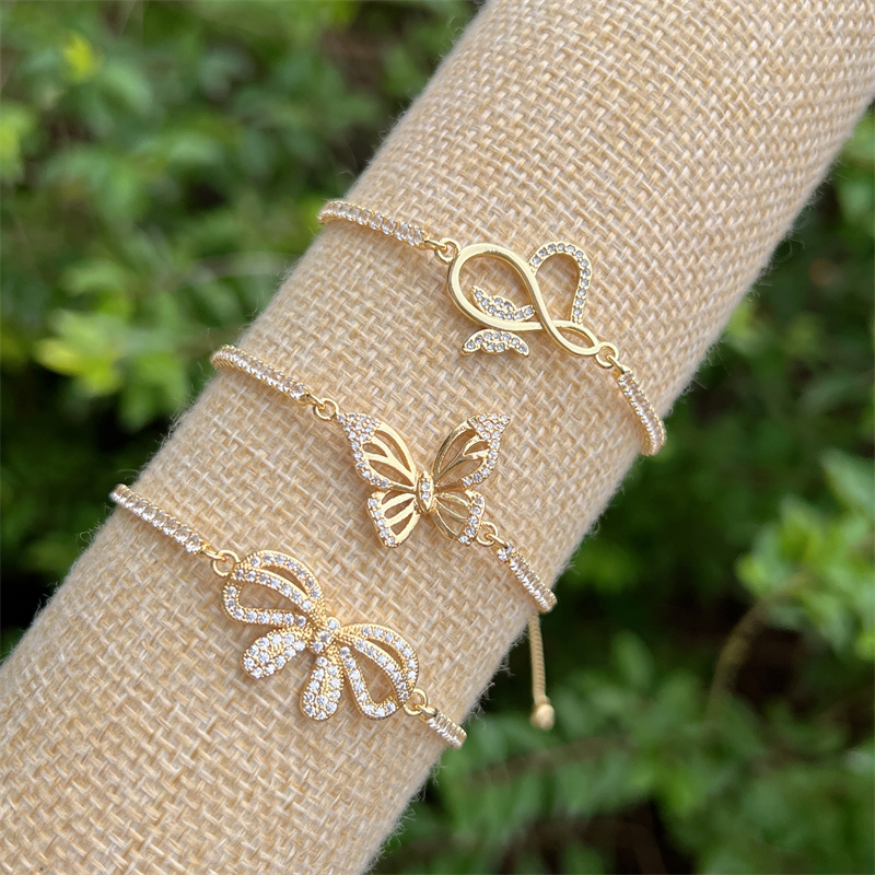 Butterfly Zircon Bracelet For Women With Copper Pendant, 18K Gold Plated Ball Chain
