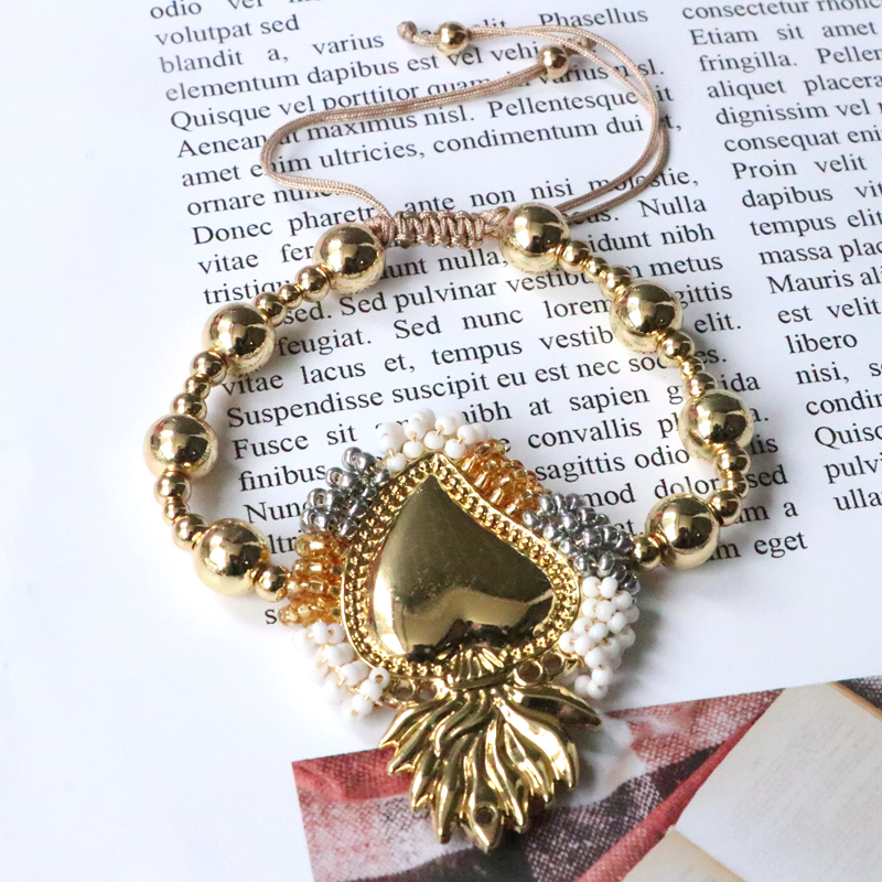 Heart Shape Copper Bracelet With Beading Design, 18K Gold Plated Copper Chain For Women 3