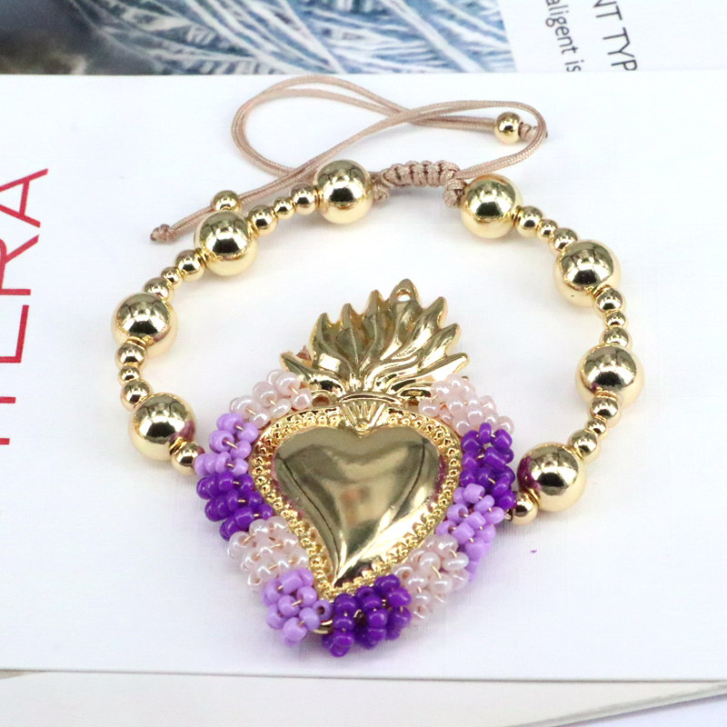 Heart Shape Copper Bracelet With Beading Design, 18K Gold Plated Copper Chain For Women 7