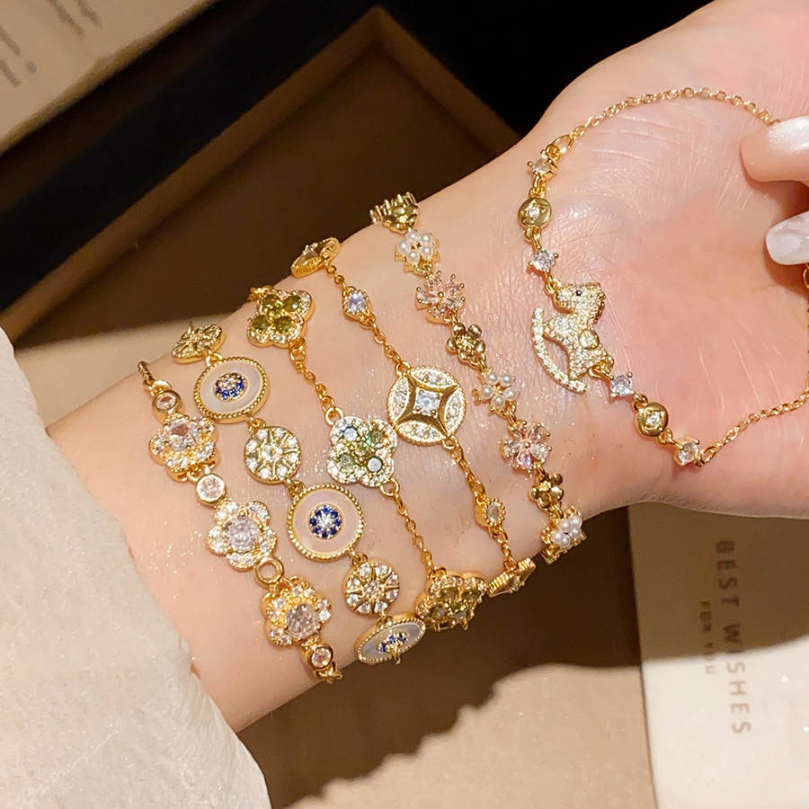 Starburst Copper Bracelet For Women With Mother-of-pearl Shell Inlay In Vintage Style Gold