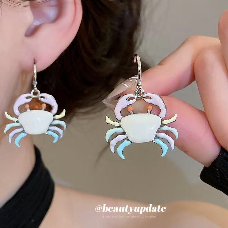 Crab Earrings For Women In Silver Enamel With Copper Base And 304 Stainless Steel Ear Pins
