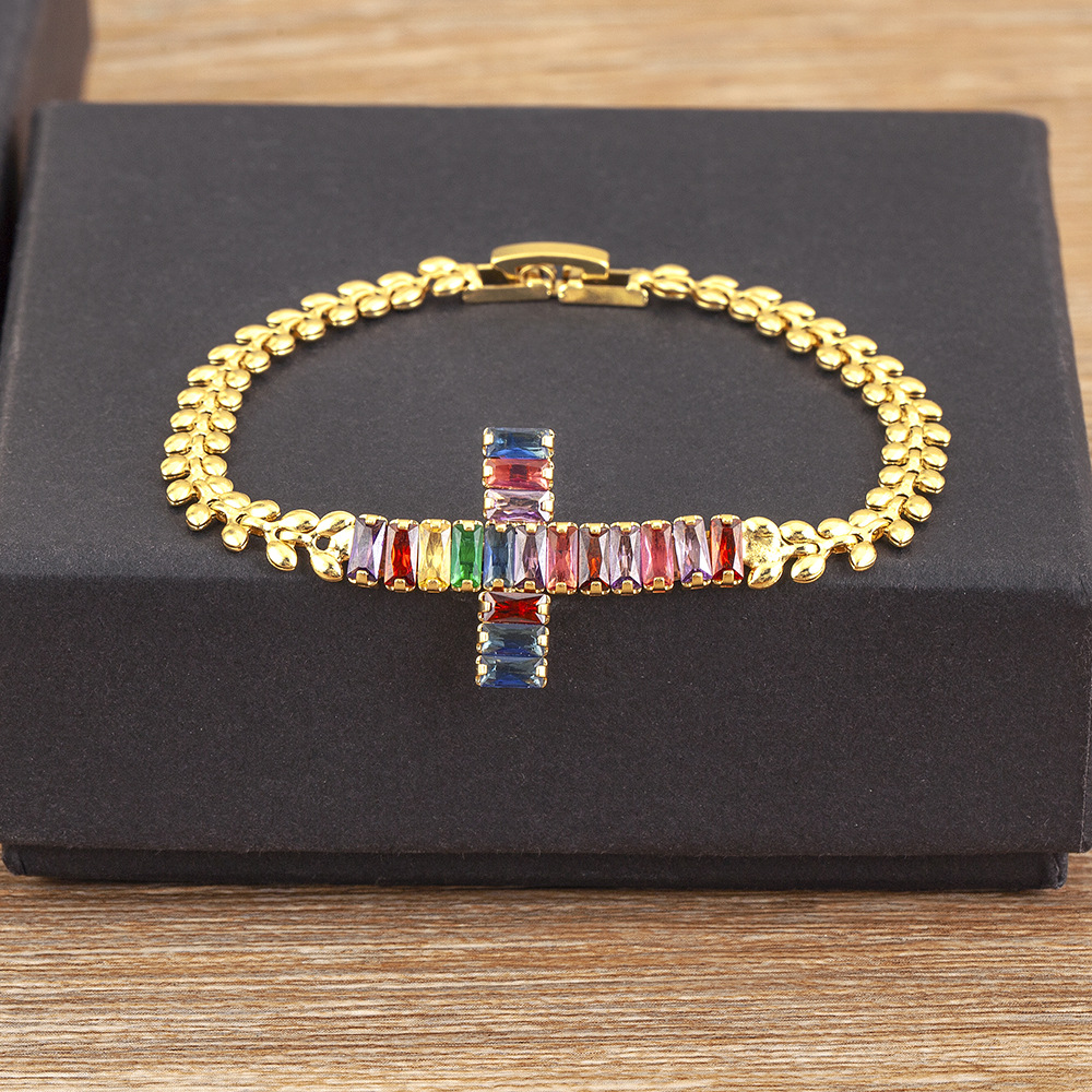 Cross Bracelet For Unisex Featuring Copper Pendant With 18K Real Gold Electroplated And Zircon Inlay