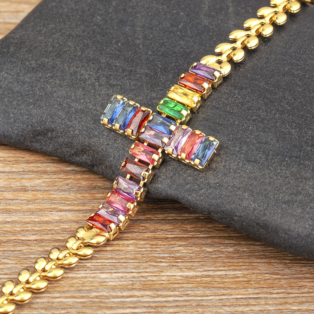 Cross Bracelet For Unisex Featuring Copper Pendant With 18K Real Gold Electroplated And Zircon Inlay 3