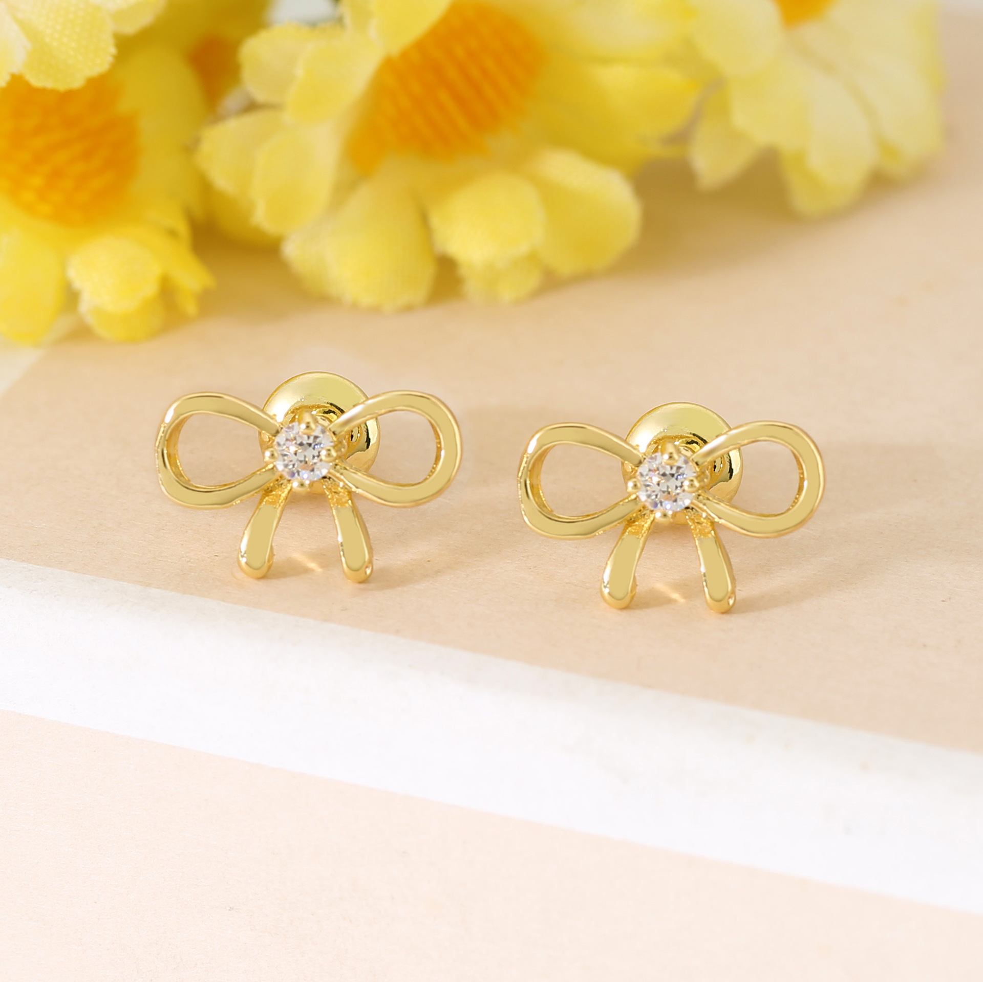 Cute Bow Tie Stud Earrings For Women With Copper Posts And Rhinestone Inlay