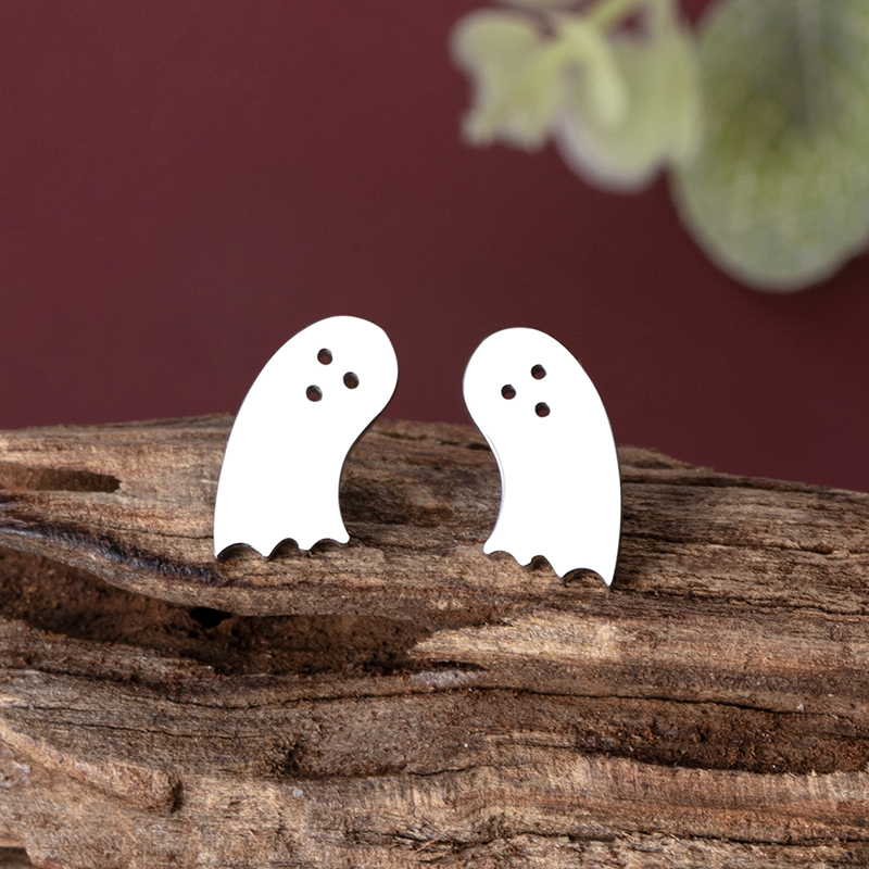 Cute Ghost Stud Earrings For Women, Electroplated Silver With 304 Stainless Steel Material