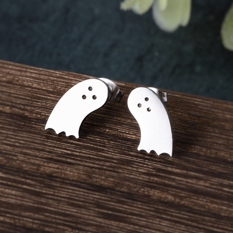 Cute Ghost Stud Earrings For Women, Electroplated Silver With 304 Stainless Steel Material 2