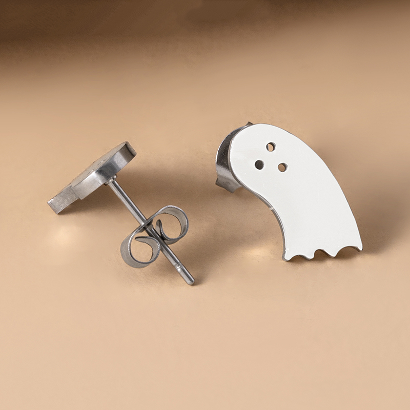 Cute Ghost Stud Earrings For Women, Electroplated Silver With 304 Stainless Steel Material 4