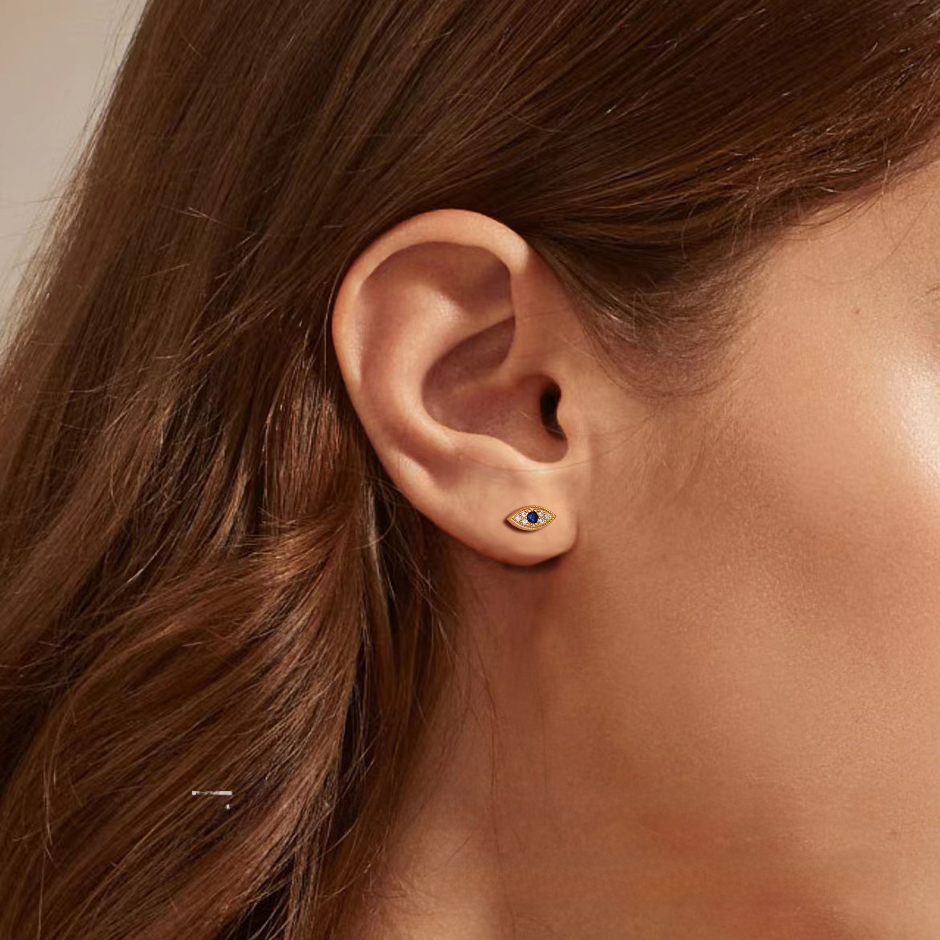 Devil's Eye Copper Stud Earrings With Rhinestones, Electroplated Gold Plating, Flat Back Studs For Unisex 2