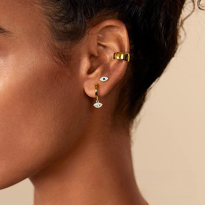 Devil's Eye Copper Stud Earrings With Rhinestones, Electroplated Gold Plating, Flat Back Studs For Unisex 4