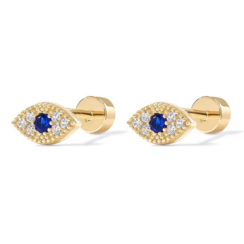Devil's Eye Copper Stud Earrings With Rhinestones, Electroplated Gold Plating, Flat Back Studs For Unisex 5