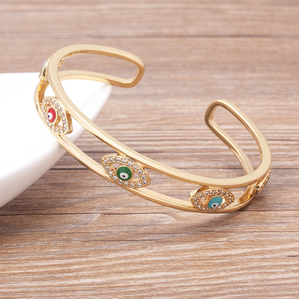 Devil's Eye Enamel Bangle In Copper With 18K Real Gold Plated Electroplated Finish And Zircon Inlay