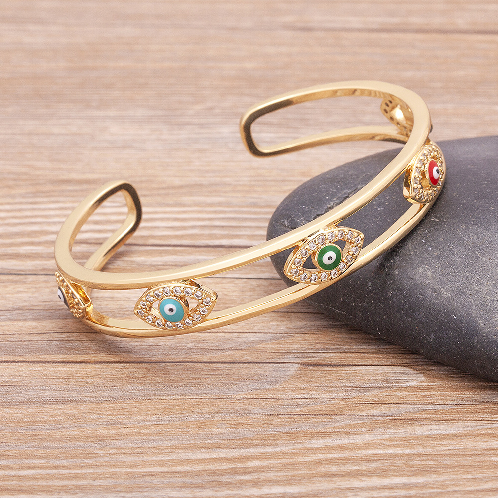 Devil's Eye Enamel Bangle In Copper With 18K Real Gold Plated Electroplated Finish And Zircon Inlay 3
