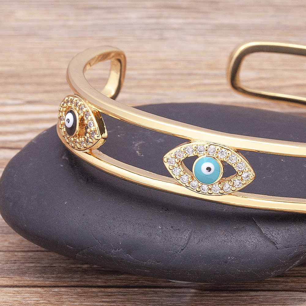 Devil's Eye Enamel Bangle In Copper With 18K Real Gold Plated Electroplated Finish And Zircon Inlay 4