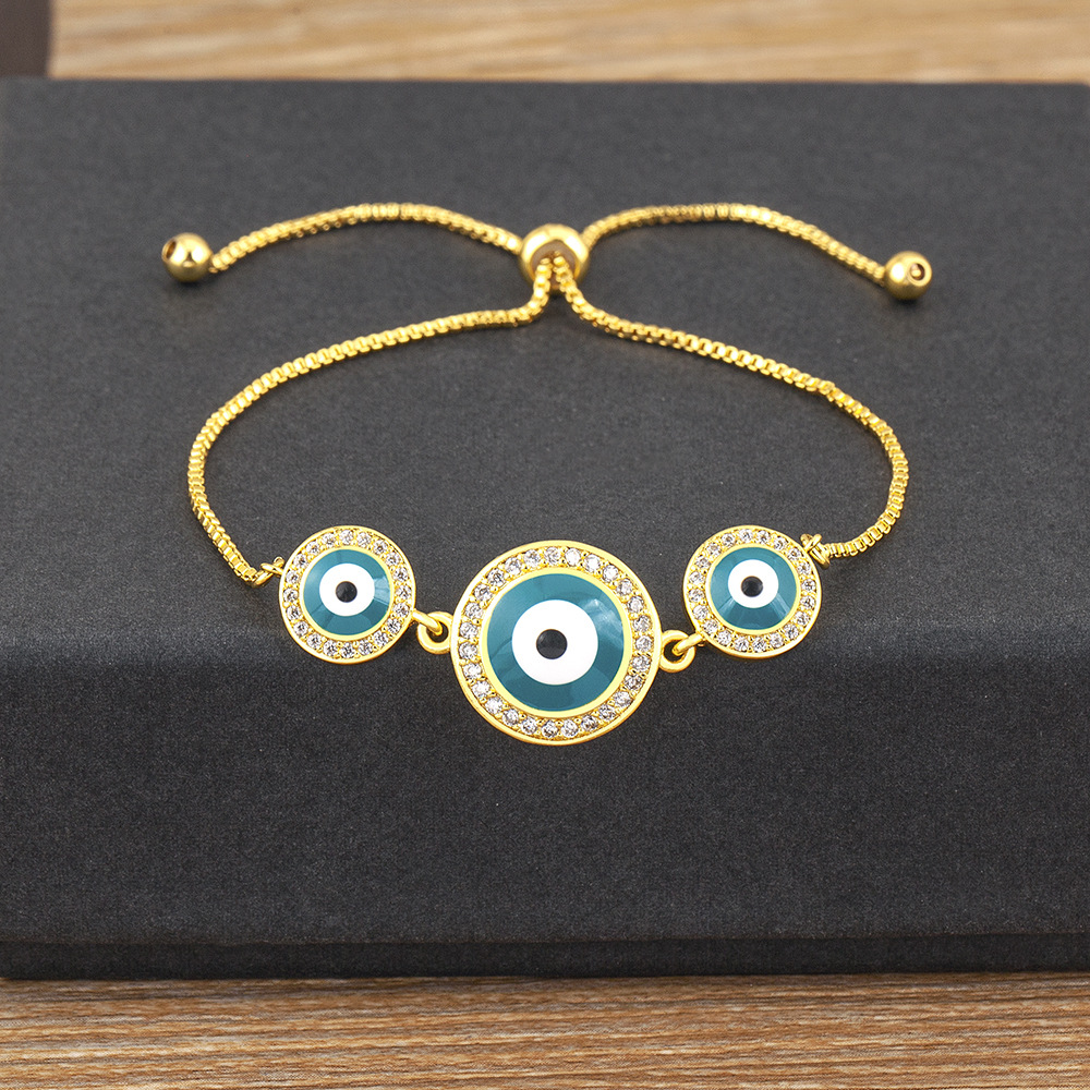 Devil's Eye Gold Copper Bracelets Bangle With 18K Real Gold Plated Electroplated Finish And Stretch Adjustable Closure