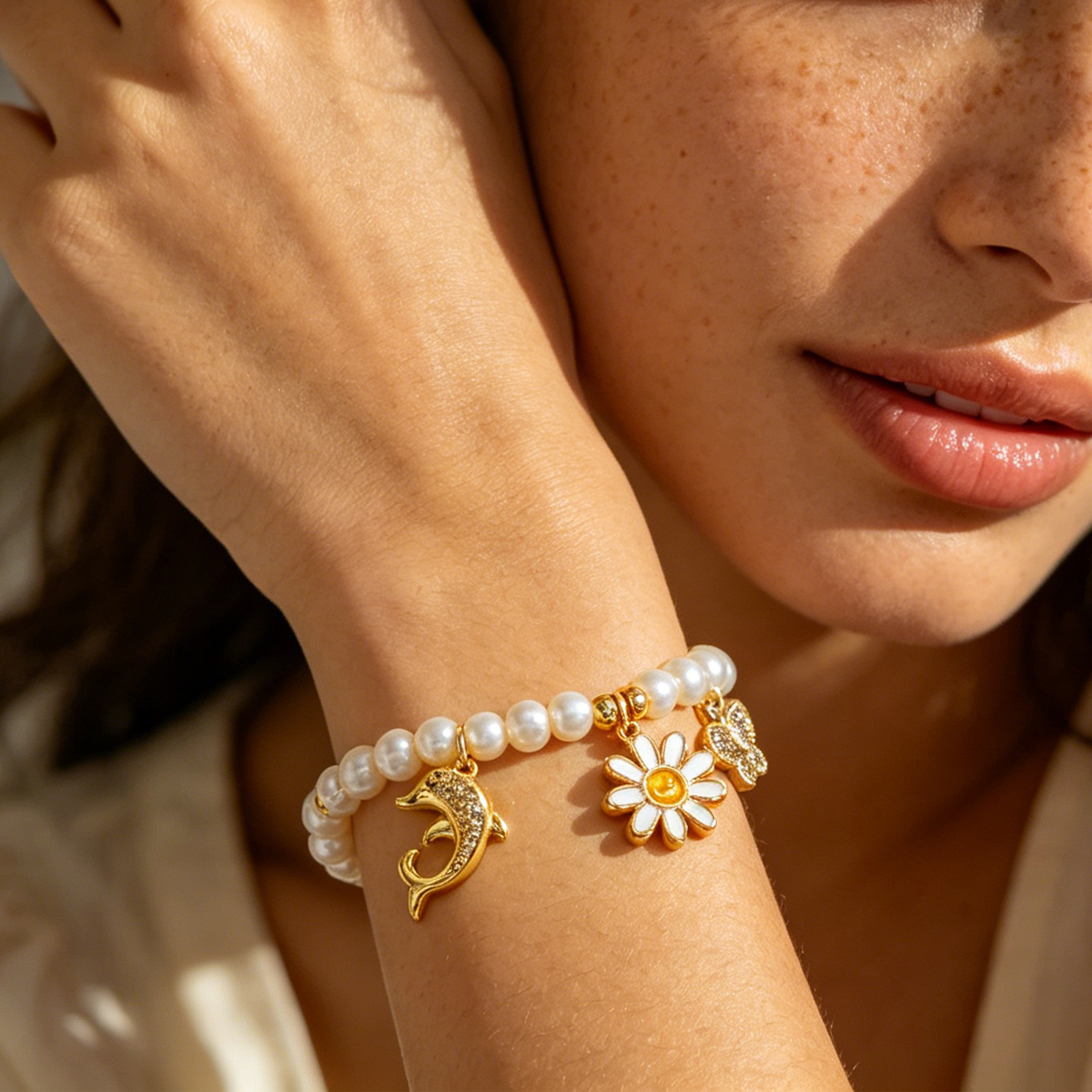 Dolphin Electroplated Bracelet For Women With 18K Real Gold Plated Copper And Water Plating On Beaded Chain