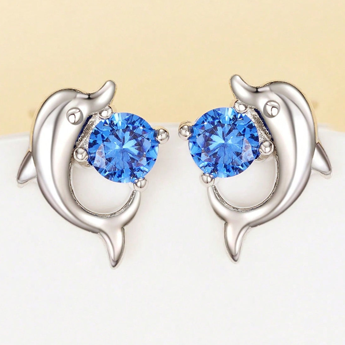 Dolphin Stud Earrings With Claw Setting, Copper Material Featuring White K Water Plating And 0.03µm Thick Zircon Inlay 2