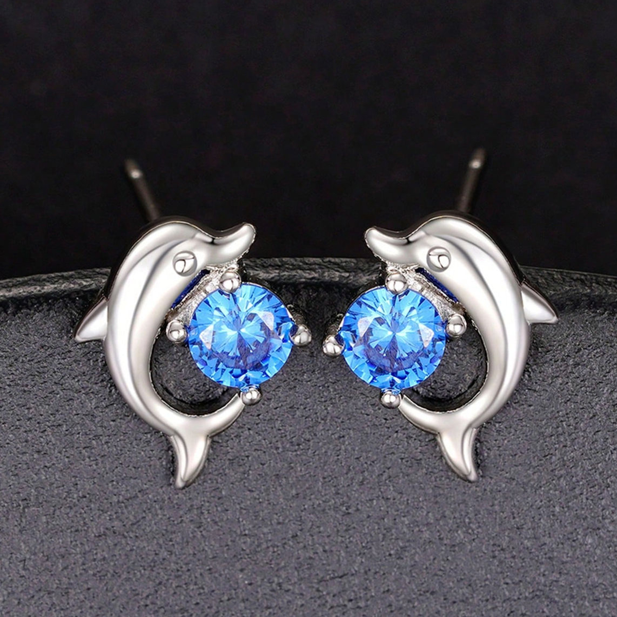 Dolphin Stud Earrings With Claw Setting, Copper Material Featuring White K Water Plating And 0.03µm Thick Zircon Inlay 4