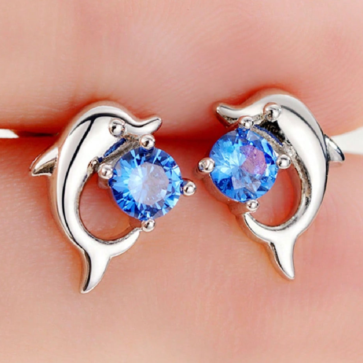 Dolphin Stud Earrings With Claw Setting, Copper Material Featuring White K Water Plating And 0.03µm Thick Zircon Inlay 5