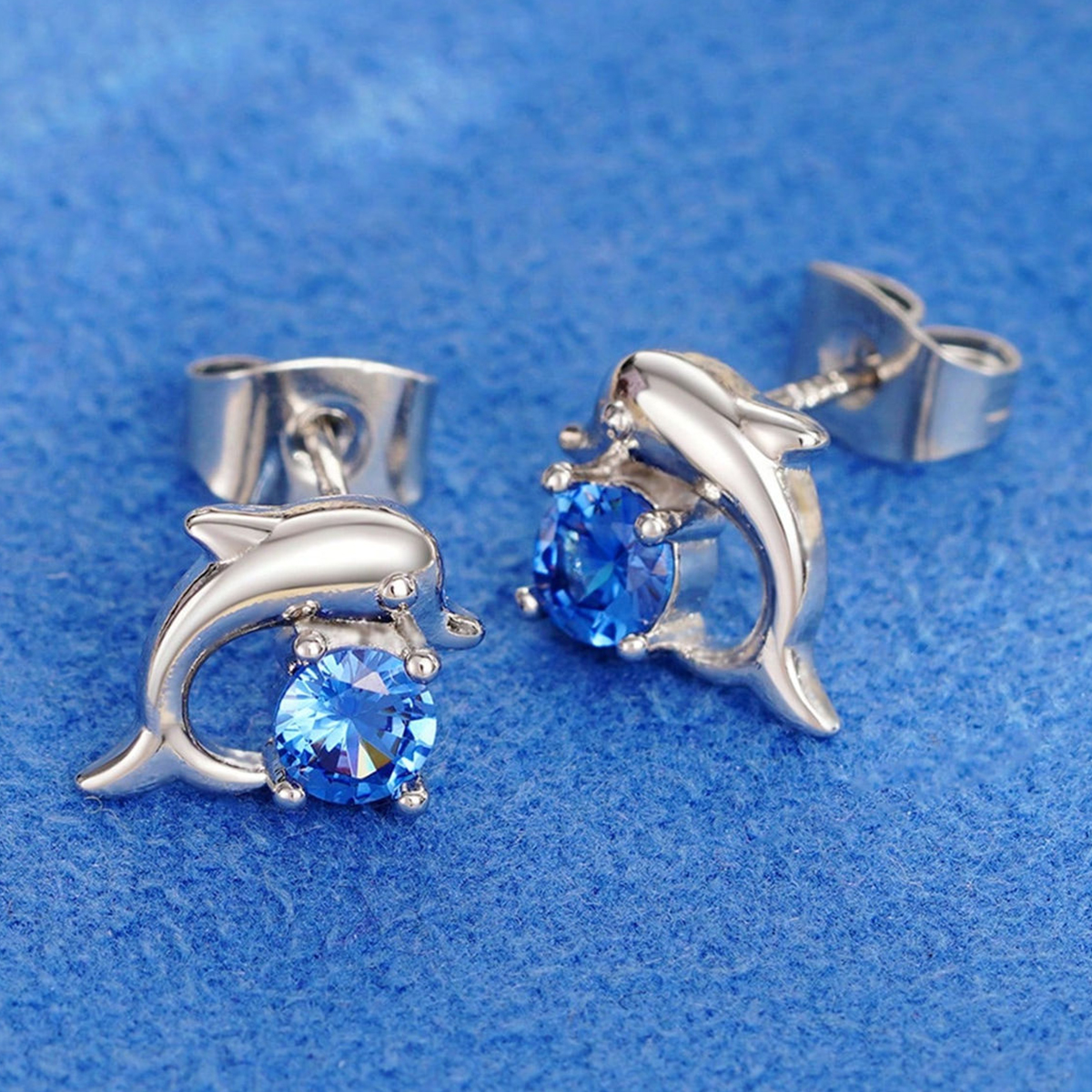 Dolphin Stud Earrings With Claw Setting, Copper Material Featuring White K Water Plating And 0.03µm Thick Zircon Inlay 6