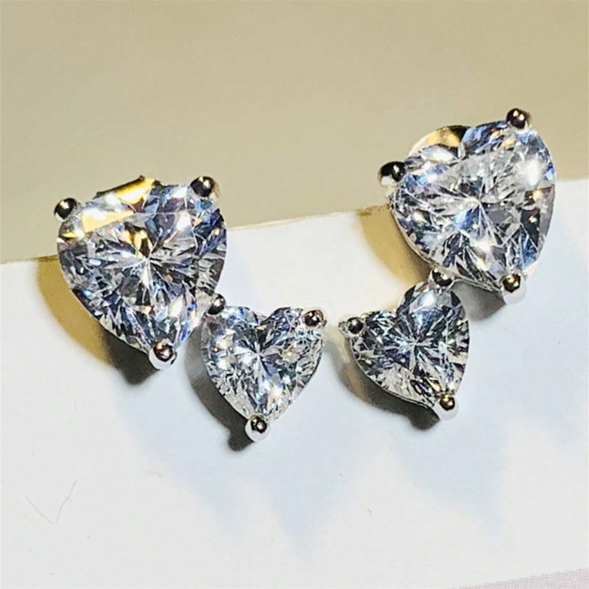 Double Heart Stud Earrings For Women With Claw Setting, White K Plated Copper, And Zircon Inlay Featuring Water Plating