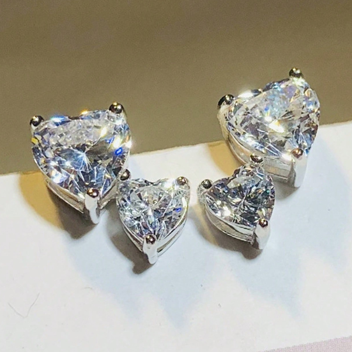 Double Heart Stud Earrings For Women With Claw Setting, White K Plated Copper, And Zircon Inlay Featuring Water Plating 2