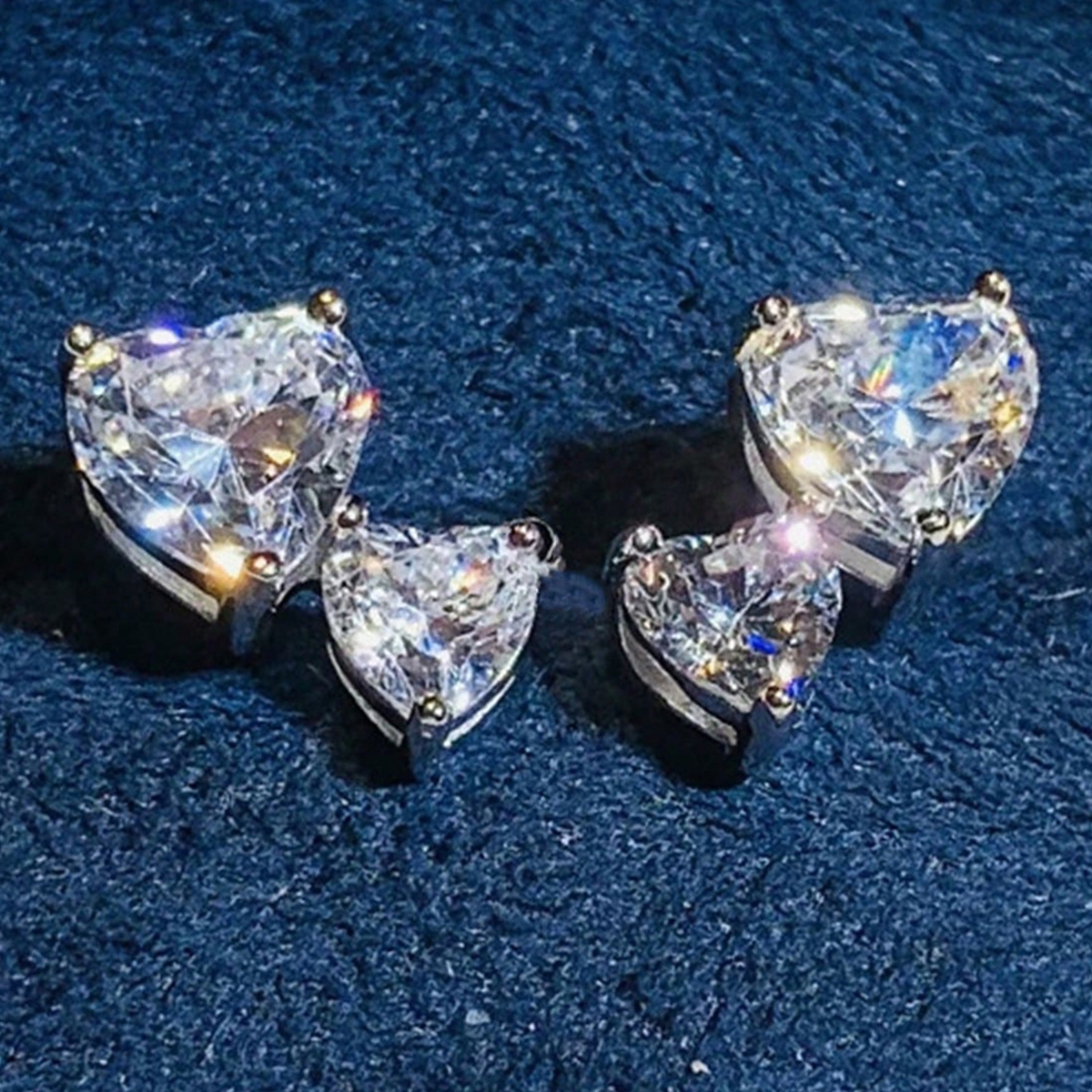 Double Heart Stud Earrings For Women With Claw Setting, White K Plated Copper, And Zircon Inlay Featuring Water Plating 3