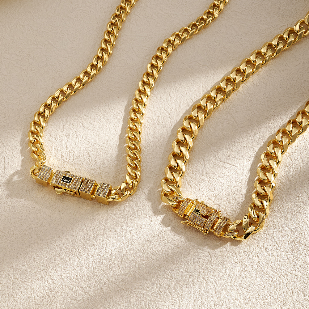 Double S Necklace For Women In 304 Stainless Steel With 14K Gold Plating, Zircon, And Cuban Link Chain