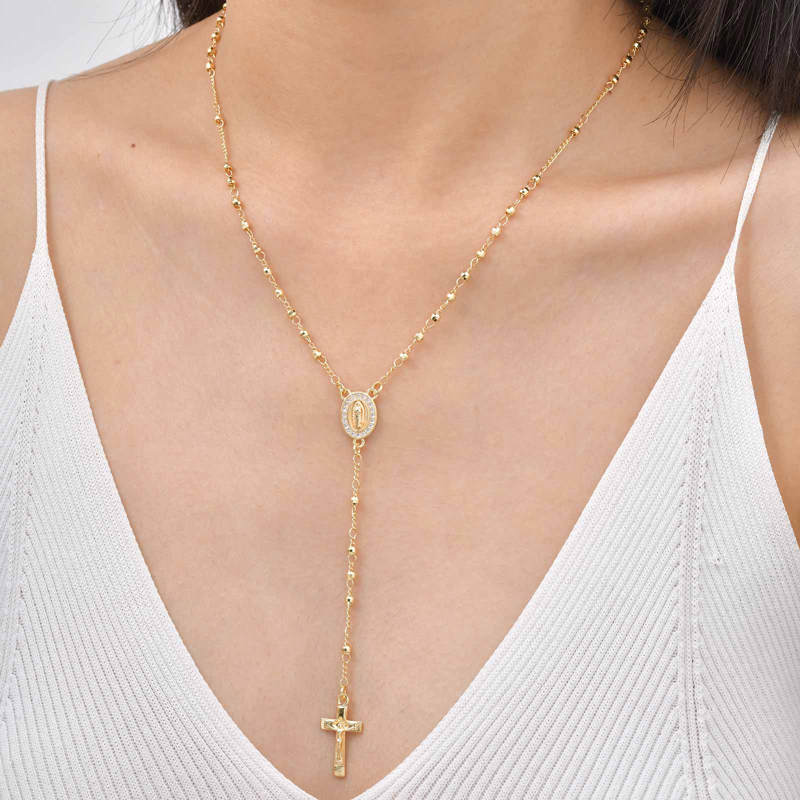 Cross Y-Necklace Lariat Necklace For Women In Copper With 18K Real Gold Plated Finish 0.03µm-0.05µm And Zircon Inlay