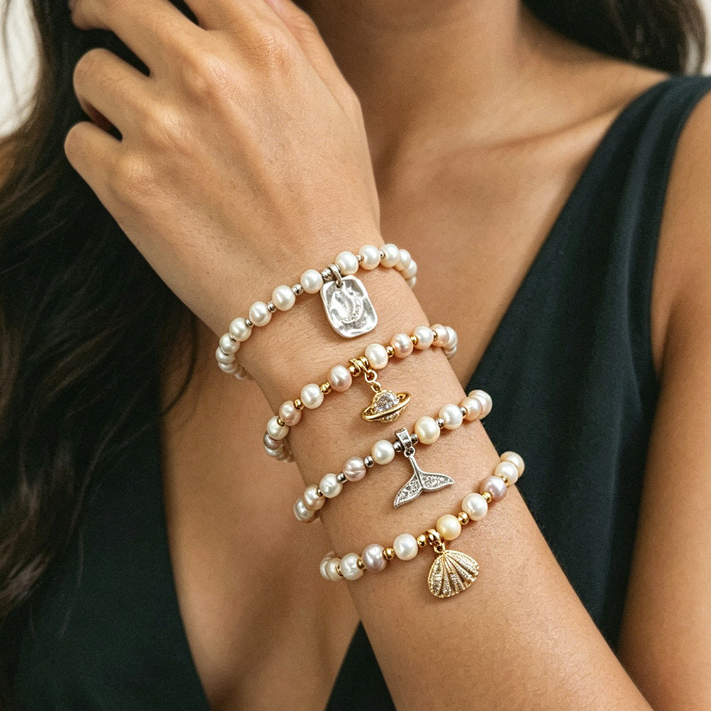Pentagram Electroplated Copper Bracelet For Women With 18K Real Gold Plated Water Plating And Freshwater Pearl Handmade Chain