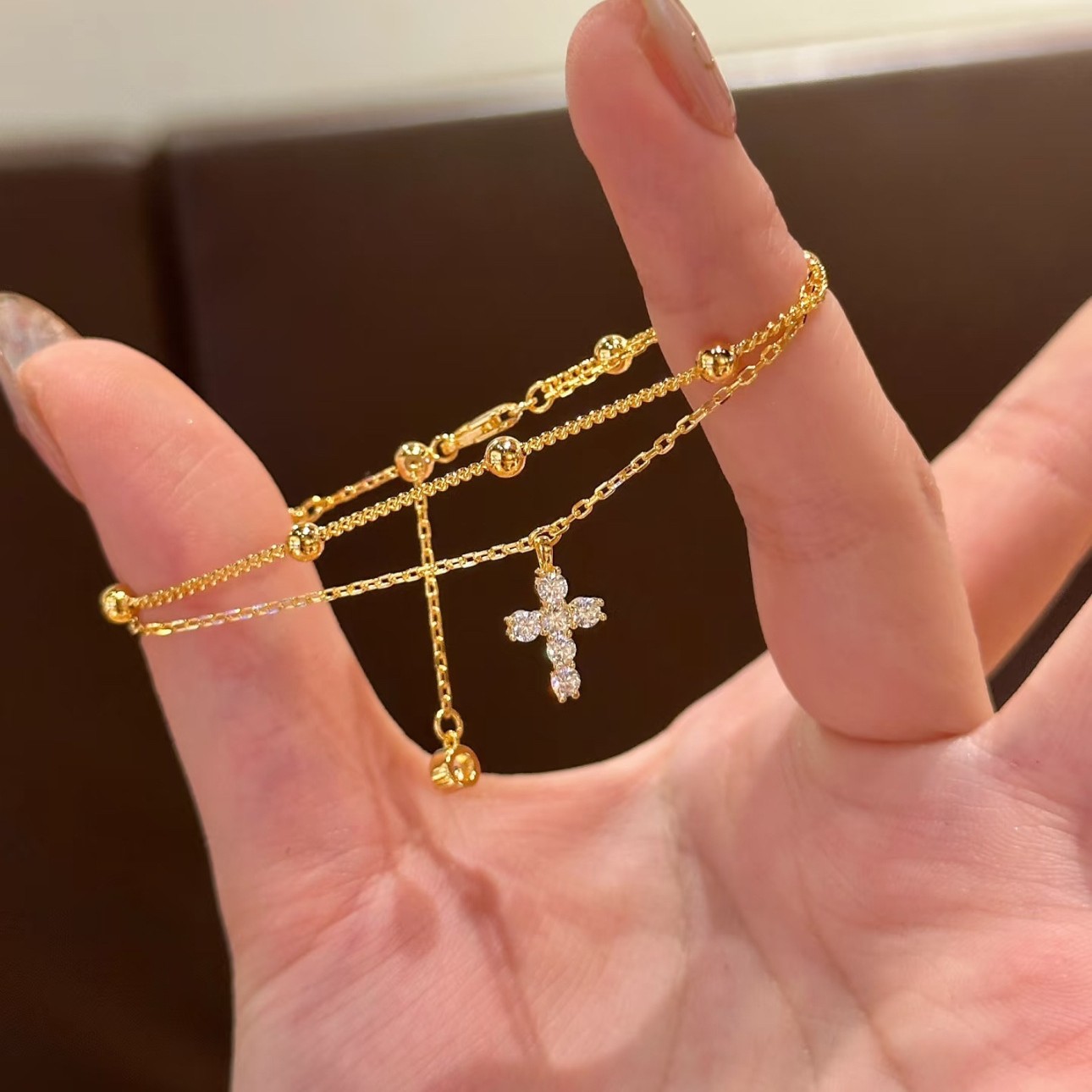 Electroplated Gold Cross Bracelet For Women Featuring Copper Pendant Material