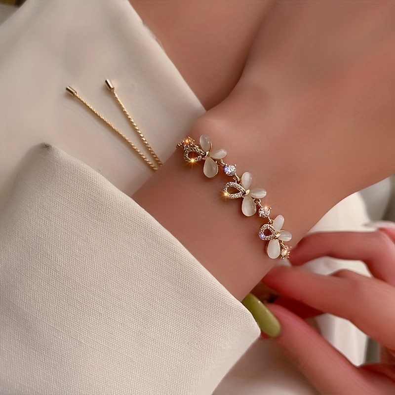 Butterfly Copper Bracelet With Cat's Eye Stone Inlay, Gold Plated Design For Women 4