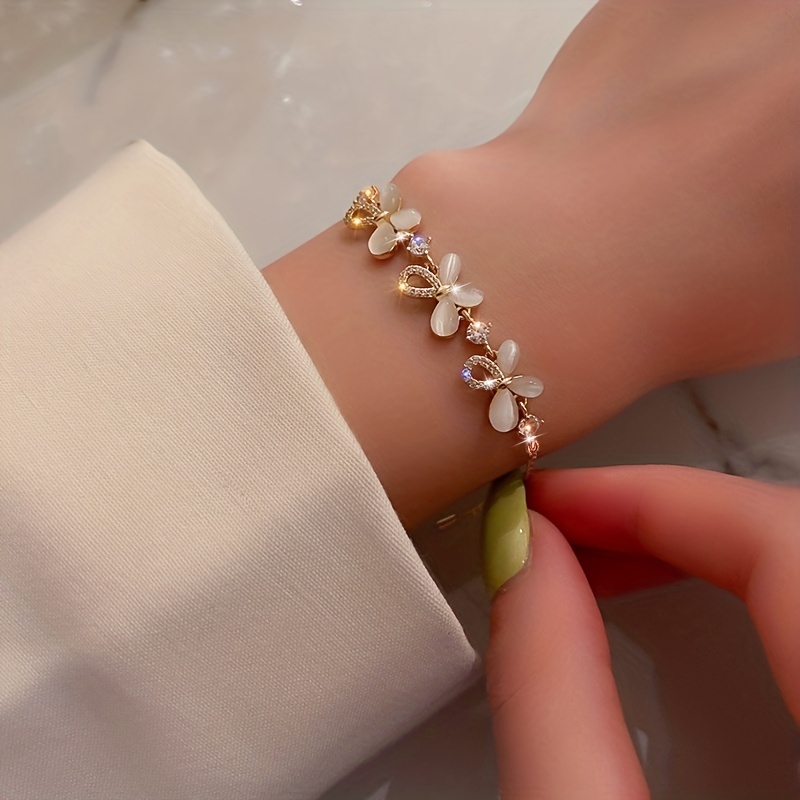 Butterfly Copper Bracelet With Cat's Eye Stone Inlay, Gold Plated Design For Women 5