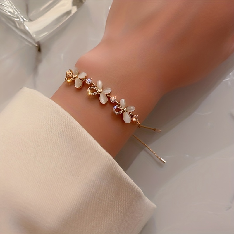 Butterfly Copper Bracelet With Cat's Eye Stone Inlay, Gold Plated Design For Women 7