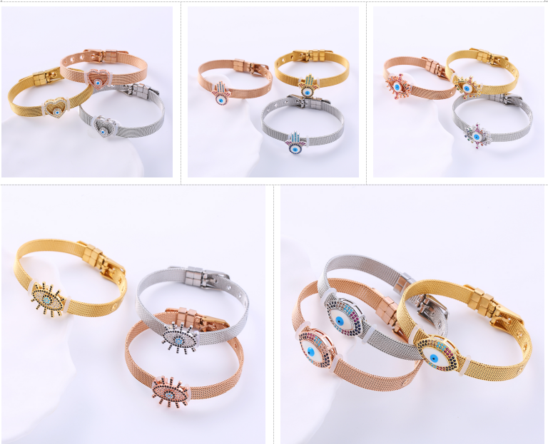 Devil's Eye Elegant Rose Gold Wristband With Copper Pendant And Artificial Rhinestones In 304 Stainless Steel, Unisex